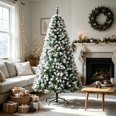 Arbre de Noël artificiel enneigé 6 pi, H 70,8 po x l 40,5 po, sapin de Noël complet avec 61 pommes de pin et base en acier