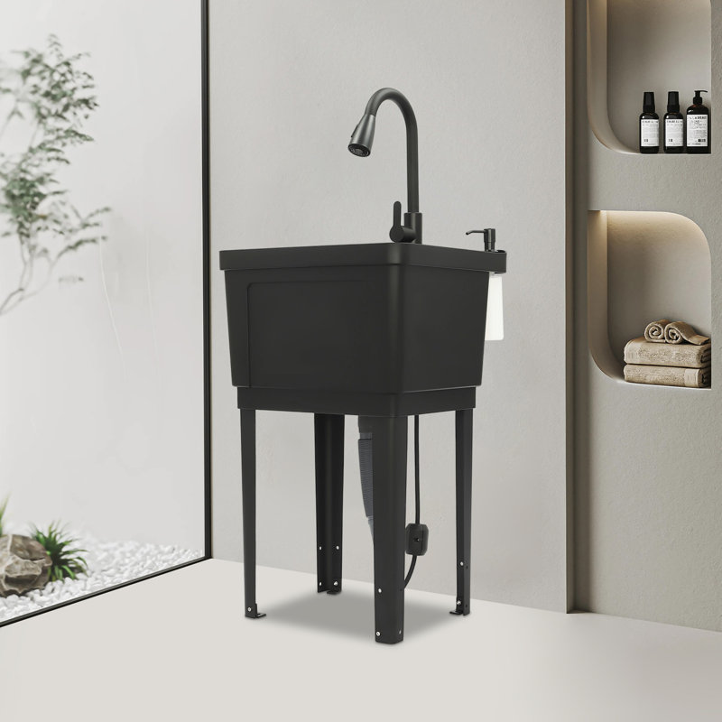 Laundry Sink With Stainless Steel Pull Down Faucet, Matte Black