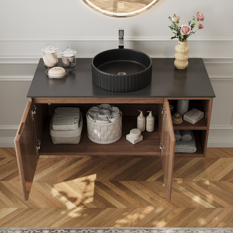 36 " Modern Floating Bathroom Vanity With Round Sink, Wall-Mounted Storage Cabinet With 1 Cabinet And 2 Open Compartments, Black Faux Marble Table Top