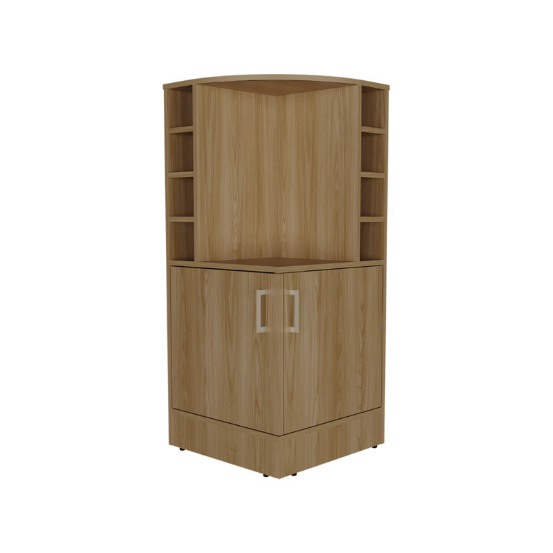 Bar de coin Toyei avec porte-bouteilles, tablettes ouvertes et rangement caché, Oak