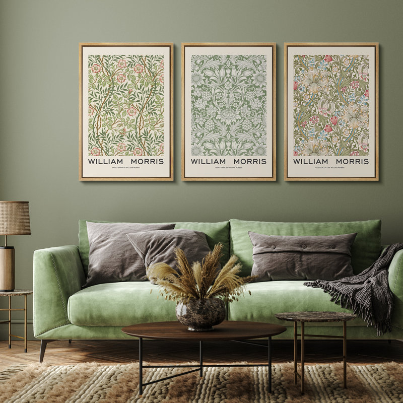 William Morris Geometric Floral Canvas Print Set in Natural Frame
