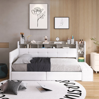 Lit de jour rembourré en bois avec repose-pieds de rangement, charge USB et lumière DEL