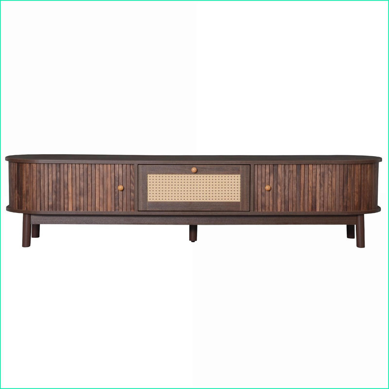 Meuble télé pour téléviseur de 75 po, console multimédia brun foncé moderne avec tiroir en rotin et amp; Portes coulissantes | Brun foncé | Bois massif et panneau de fibres à densité moyenne