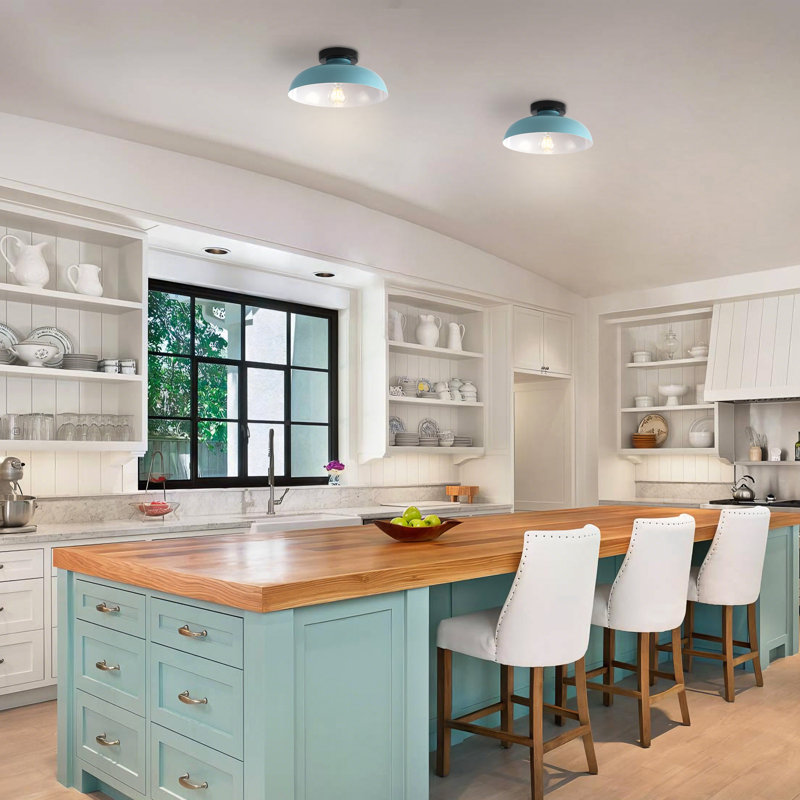 1-Light Industrial Semi Flush Mount Ceiling Light, Light Blue