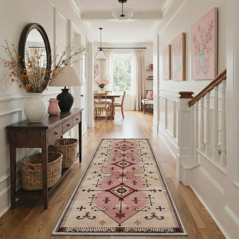 Boho Geometric Machine Washable Pink / Beige Indoor Area Rug with Non-Slip Backing, Runner 2' x 7'