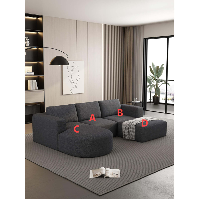Modular U-Shaped Sectional Sofa With Ottoman And Sleeper Function, Dark Grey Fabric