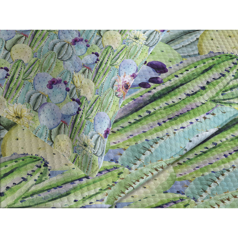 Ambesonne Plant Bedspread Set Cactus Buds Types Pattern Green and Blue, King Bedspread + 2 Standard Shams