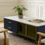 Table basse moderne bleu marine avec 2 portes de rangement en verre, 4 tiroirs, pieds en métal doré