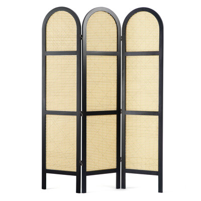 5.6 ft. Pine Wood & Hand-Woven Rattan Room Divider — Freestanding Privacy Screen in Japanese Modern Minimalist Style