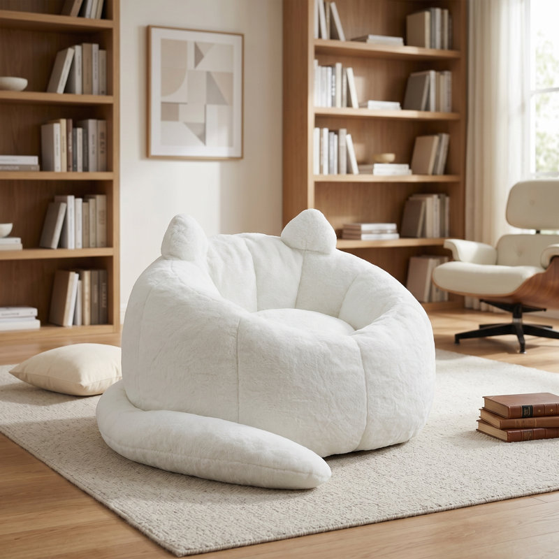 Fauteuil à billes en forme de chat blanc, fauteuil paresseux mignon, fauteuil de style moderne avec longue queue, pour chambre à coucher et salle de jeux
