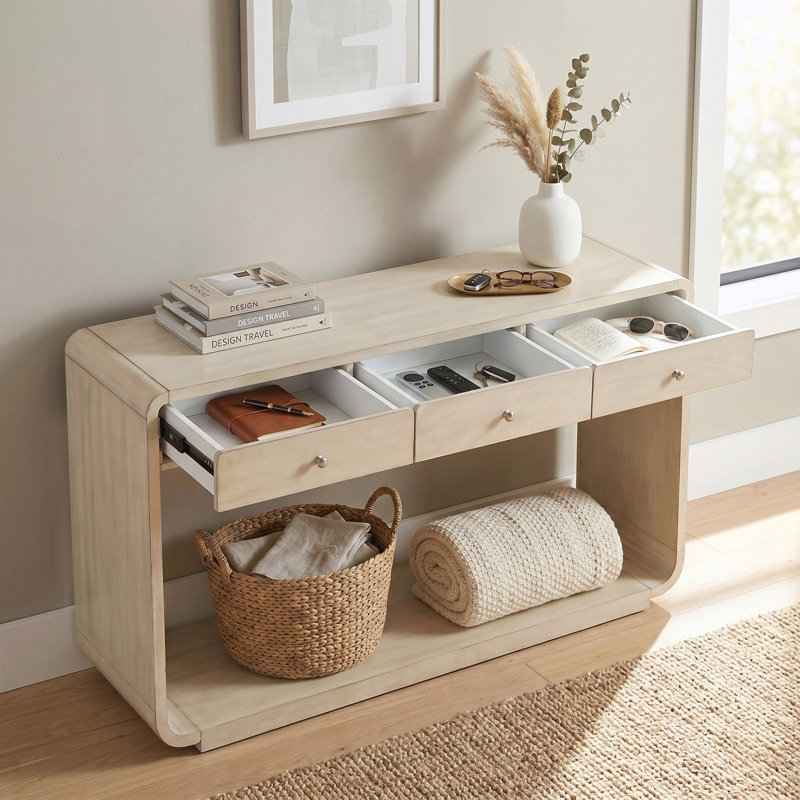 Console, 3 tiroirs de rangement, tablette de présentation, pieds courbés, Natural, Natural, Natural
