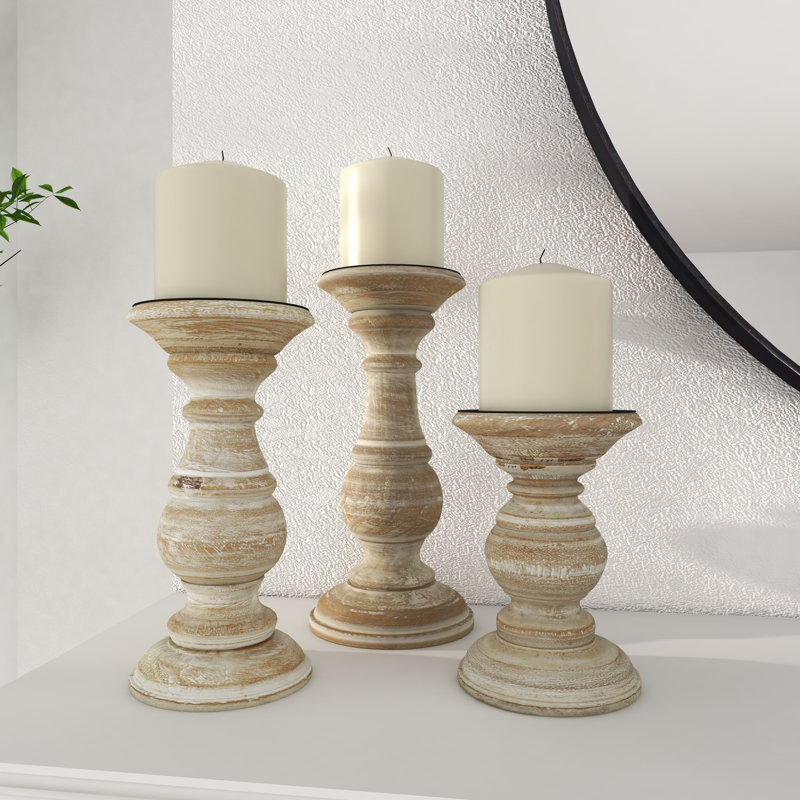 Ensemble de porte-bougies décoratifs de style pilier en bois de manguier tourné, Crème