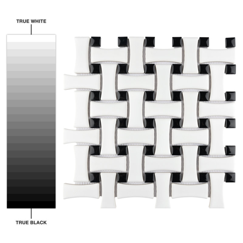Metro Basket Weave Dog Bone Porcelain Mosaic Wall & Floor Tile, Matte White/Black