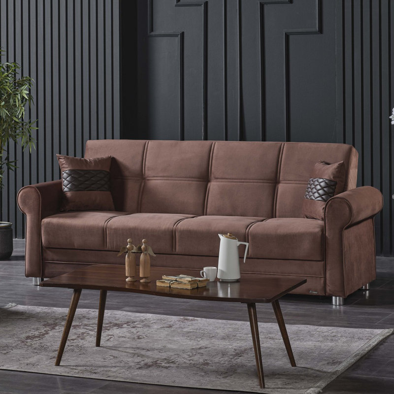 Canapé-lit en tissu avec rangement 3-en-1 Sara, Microfibres brunes, H 36,61 po x l 87,79 po x P 33,46 po