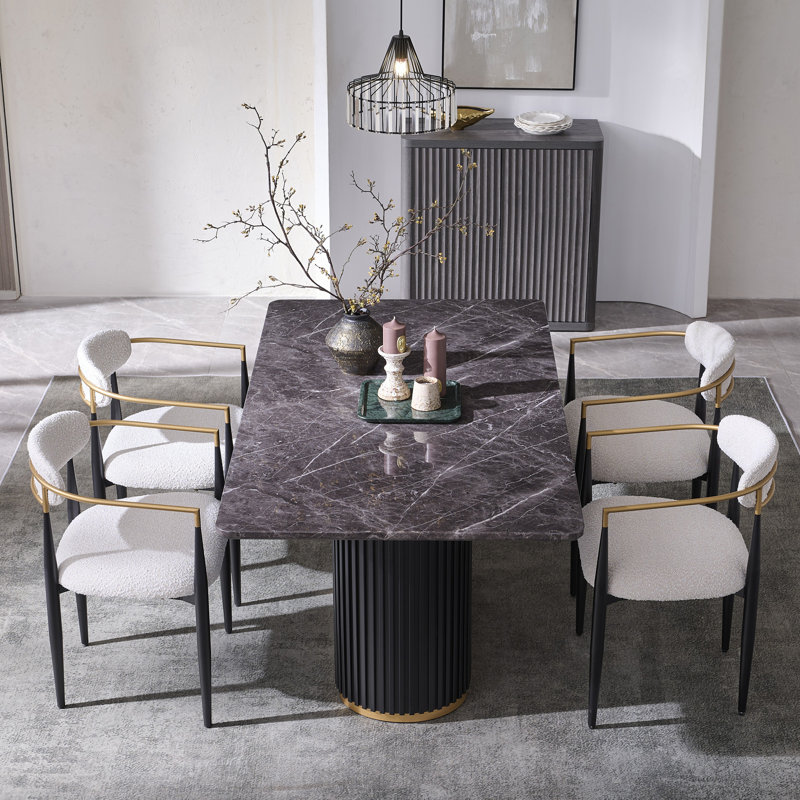 Velora 5 Pieces Faux Marble Dining Table Set with Flutted Base and Gold Accent, 5 Pieces: Table, 4 Chairs, Beige