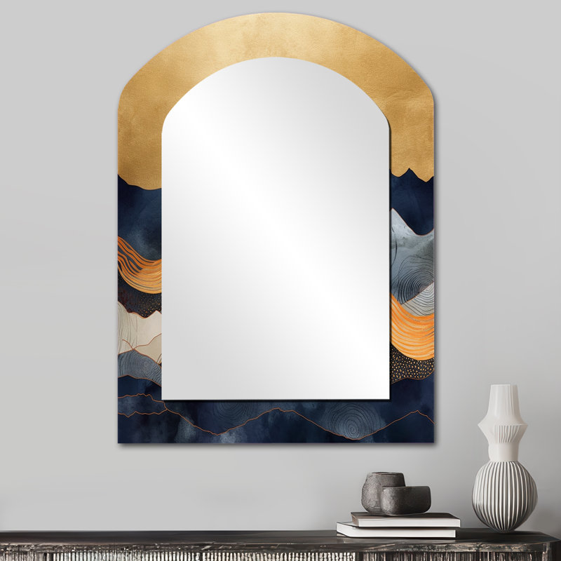Abstrait montagnes - miroir décoratif d'arc de paysages, miroir mural asymétrique moderne, impression d'art en métal