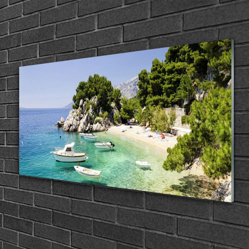 Glasbild Landschaft Meer Boot Strand Felsen