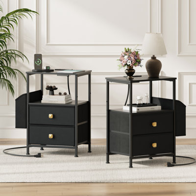 Tables de chevet avec 2 tiroirs et prises électriques, tables de chevet avec rangement et tablette ouverte