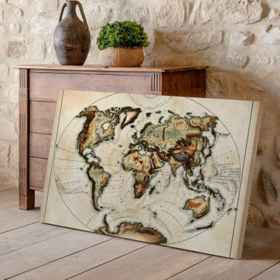 Canvas Create A Detailed World Map Illustration Featuring A Vintage Aesthetic Wall Art Showcasing Continents In Warm Earthy Tones Of Canvas Wall Art