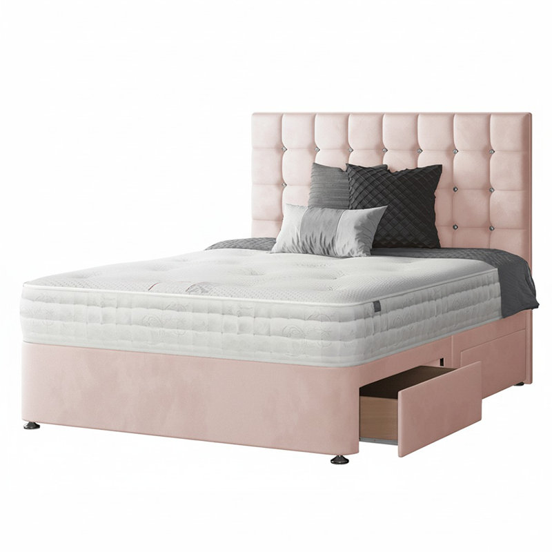 Galarza Upholstered Divan Bed, Super King (6'), Pink, 2 Foot-end Drawers
