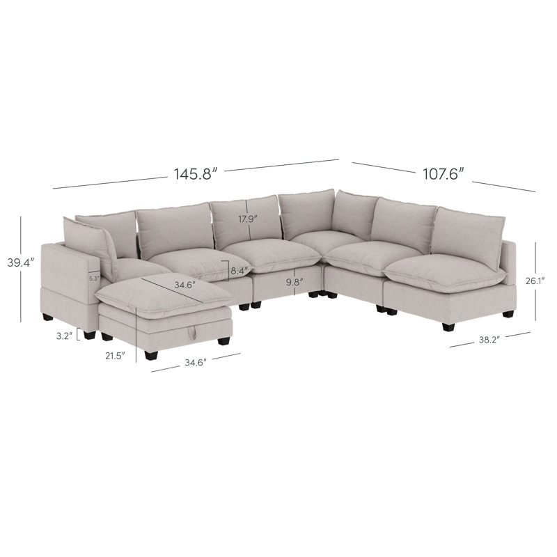 Canapé modulaire sans accoudoirs avec repose-pieds Somerdale, Velours côtelé gris