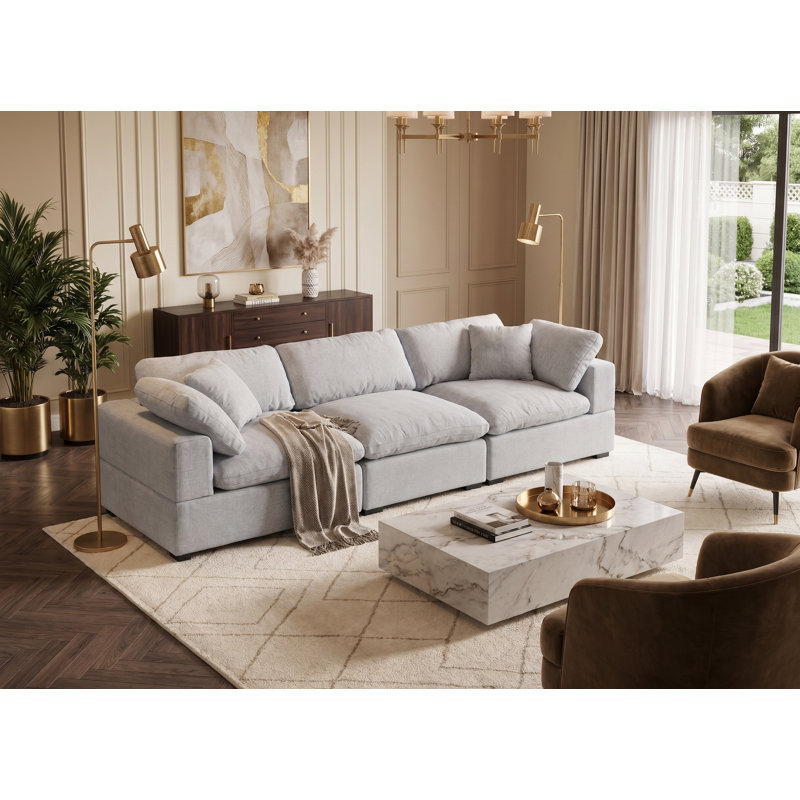 Modular 3-Seat Sofa Soft Comfort Cloud Couch, Wide Seats, 2 Arm Pillows & 2 Toss Pillows, Light Gray