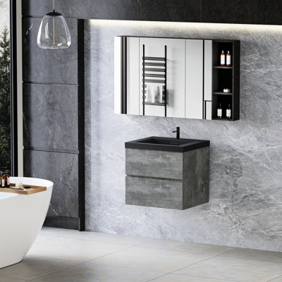 Meuble-lavabo flottant 24 po. Armoire grise avec lavabo à sable en quartz. Armoire 24 po facile à assembler. Gain de place, finition, pratique