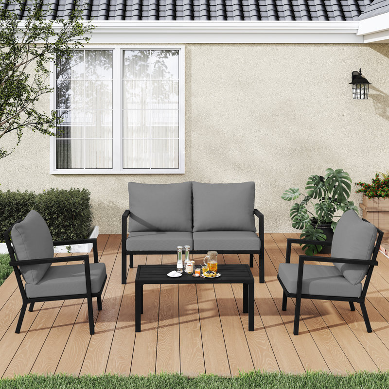 Ensemble de conversation d'extérieur en aluminium 4 pièces avec coussin gris, causeuse et table basse Heim, Gris