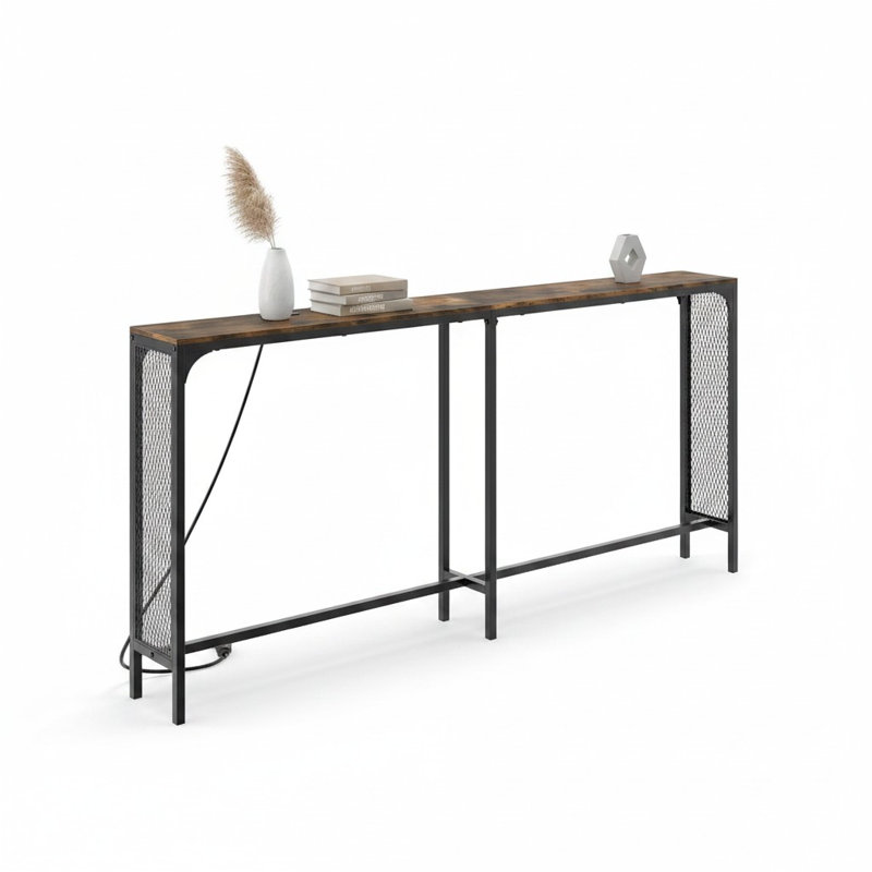 Console étroite 71 "avec prises et USB-C, structure en métal, brun rustique