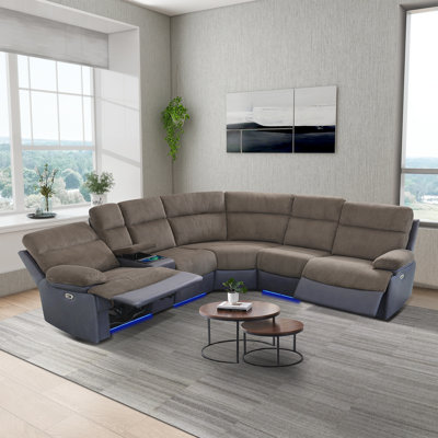 3-Piece Power Recliner Sofa Set - Brown Stripe Corduroy & Black Semi-PU Leather, Wireless Charging, LED Ambient Lighting