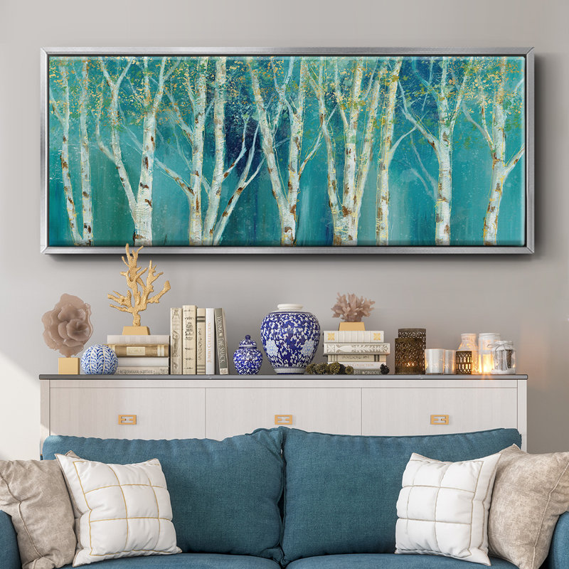 Bouleau sur toile bleue encadrée, H 24 po x l 60 po