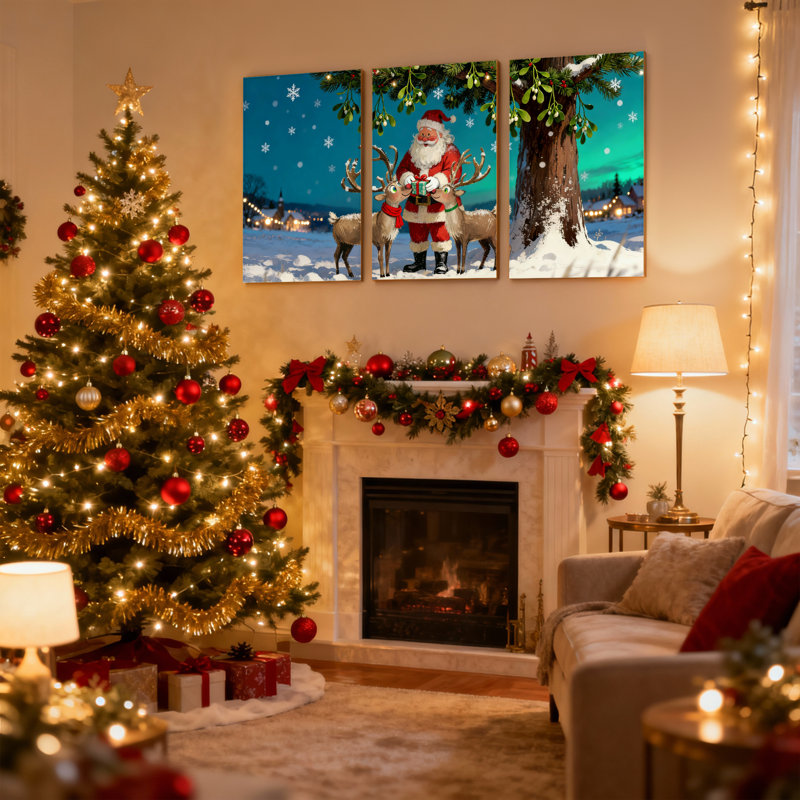 Père Noël de Noël avec renne dans un paysage enneigé, ensemble de 3 impressions sur toile, H 18 po x l 36 po