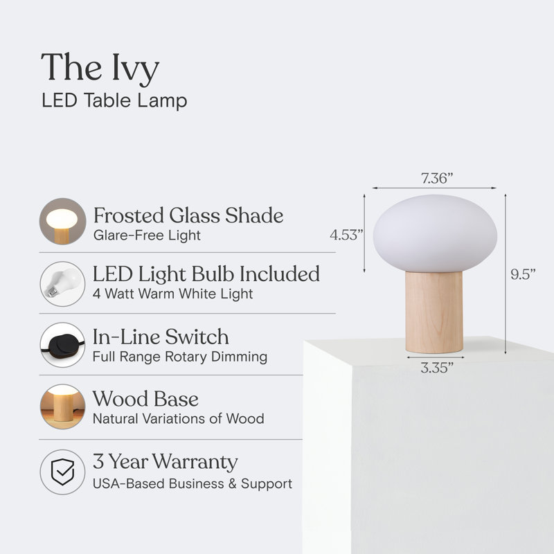 Ivy Wood 9.5" Modern LED Table Lamp with Oval Frosted Glass Shade and Phone Charging USB-C Port, Wood, Beige