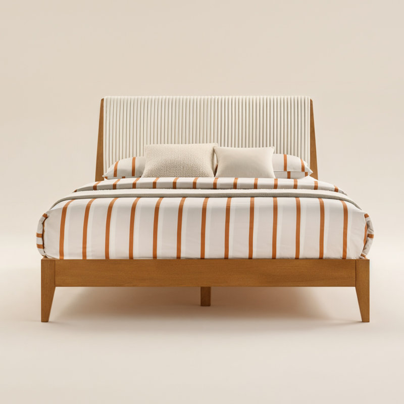 Grand lit plateforme en bois massif de style Mid-Century avec tête de lit tapissier Lunaris, Orange
