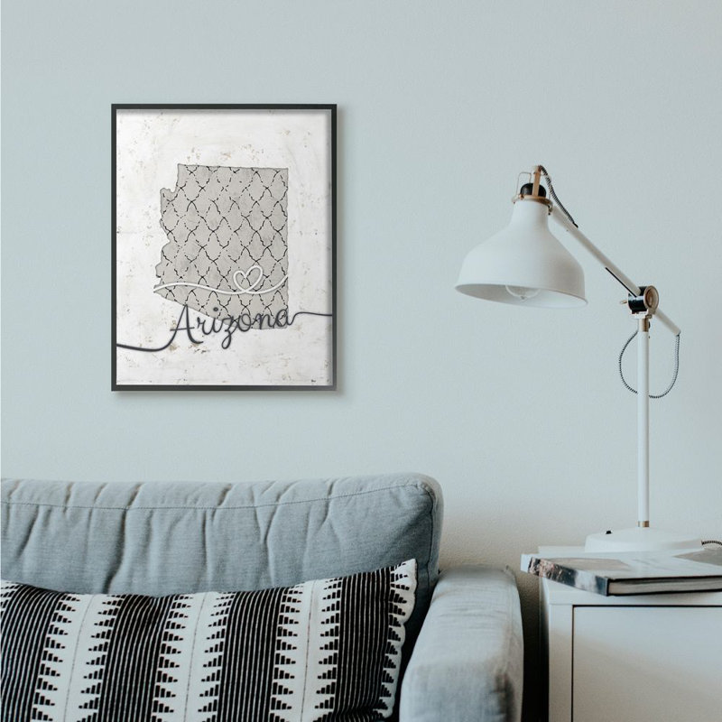 «Arizona Patterned Gray US State Design», impression sur toile, H 30 po x l 24 po, Giclée encadrée noir minuit