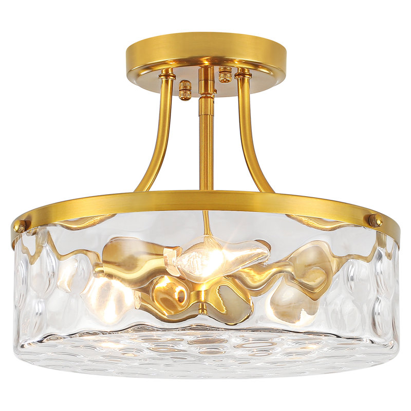3 - Light Gold Semi Flush Mount Ceiling Light With Water Glass Shade, Gold