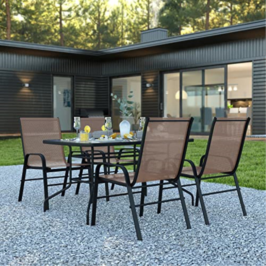 Elgin Outdoor Patio Dining Set - 55" Tempered Glass Patio Table With Umbrella Hole, Flex Comfort Stack Chairs