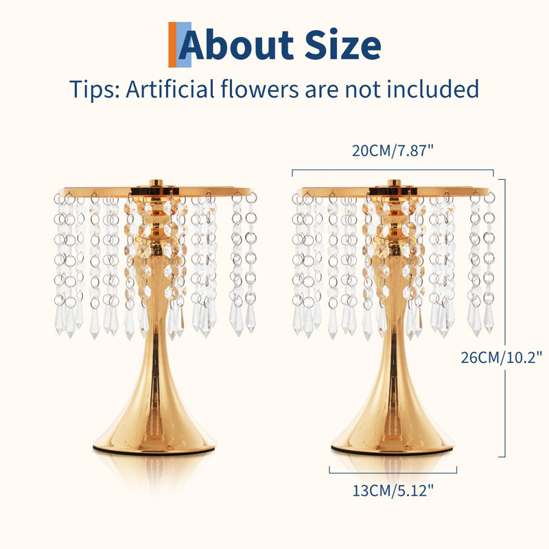 Ensemble de 2 supports de table de mariage en cristal de 10,2 po dorés pour vase floral en métal de table pour la réception et la décoration de fête
