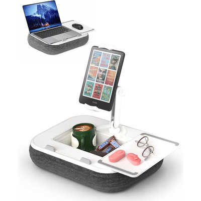 Support pour ordinateur portable avec bras articulé amovible à 360° et porte-gobelet/collation, compatible avec les téléphones/tablettes de 4,7 à 13 pouces et les ordinateurs portables de 10 à 15 pouces avec tapis de souris