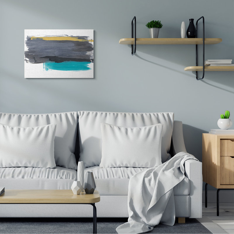 Abstrait coups de pinceau jaune et gris par Bronwyn Baker - Peinture, H 24 po x l 30 po, Toile tendue