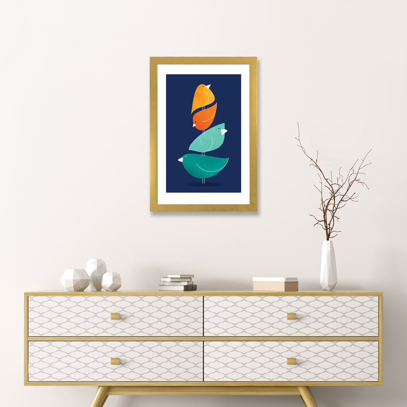 «Bird Stack I» par Modern Tropical - impression d'art graphique, H 24 po x l 16 po x P 1 po, Papier encadré doré