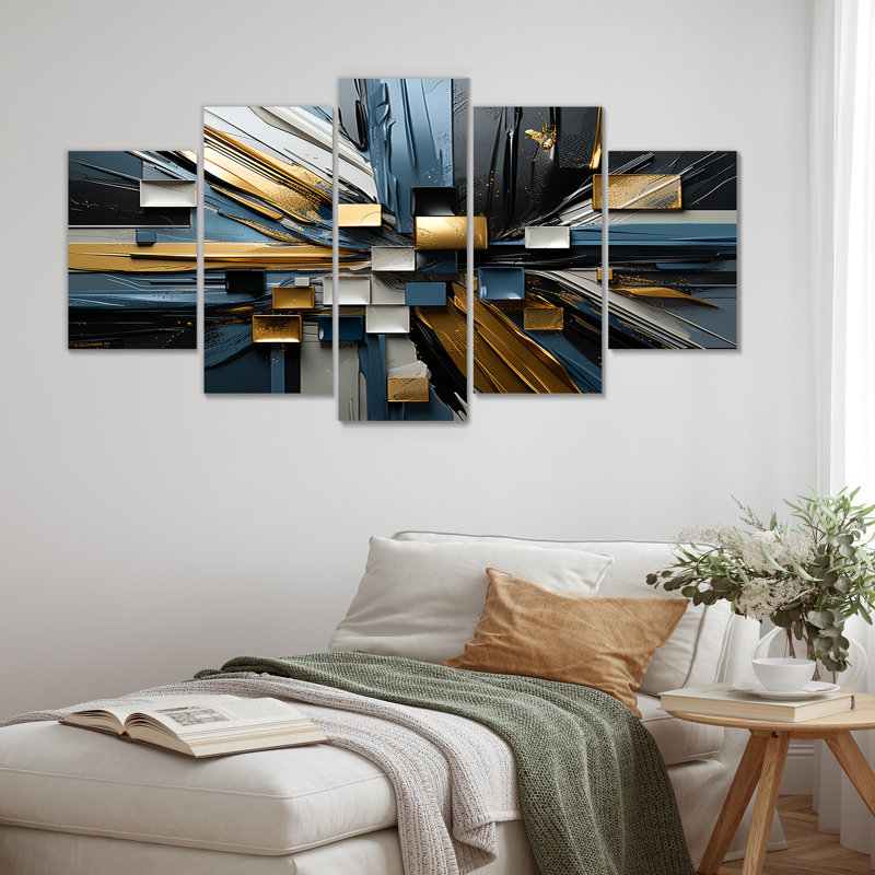 «Awakening Blue Gold Explosion», art mural géométrique 5 pièces, H 32 po x l 60 po