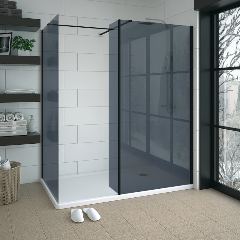 Black Walk In Shower Enclosure Wet Room Grey Glass Screen 900mm & 700mm with 300mm Return Panel