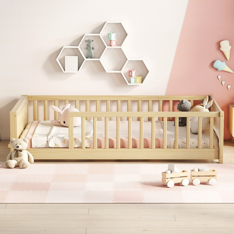 Jedu Kids Twin Floor Platform Bed with Headboard Shelf, Natural