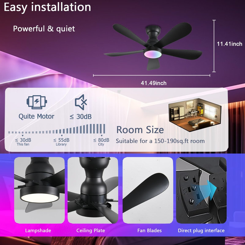 Ceiling Fans With Lights And Remote/App Control, Flush Mount Ceiling Fan With Reversible Dc Motor RGB Dimmable Light, Noiseless Modern Small Ceiling Fan For Bedroom Indoor/Outdoor
