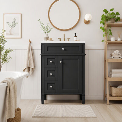Meuble-lavabo de salle de bain, meuble-lavabo de salle de bain 24 po avec lavabo supérieur, meuble-lavabo moderne avec 2 tiroirs et un tiroir basculant, lavabo simple