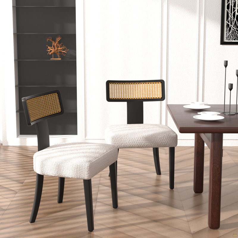 Ensemble de 2 chaises de salle à manger de style Mid-Century moderne, dossier en bois massif et filet de rotin, chaises d'appoint de salle à manger, cadre noir et ensemble de coussins beige