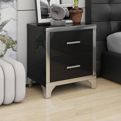 Sleek Mirrored Nightstand with 2 Drawers & Metal Handle