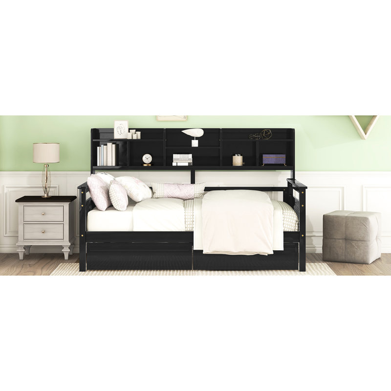 Lit de jour en bois, deux tiroirs et une tablette de chevet - lattes colorées,, Lit simple, Espresso