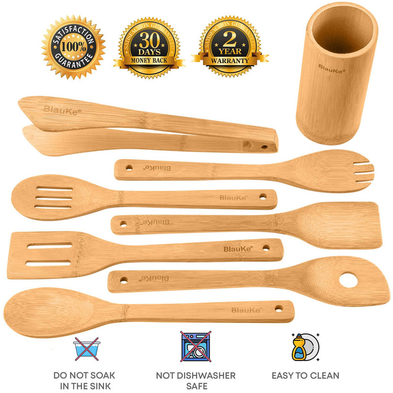  Wooden Kitchen Utensils Set of 8 - Non-Stick Bamboo Cooking Utensils - Wooden Spatulas, Wooden Spoons, Tong, Utensil Holder